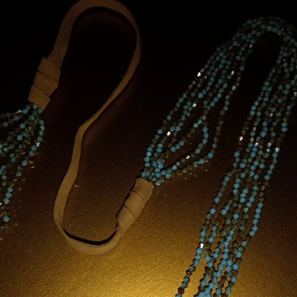Turquoise Beaded Necklace with Brown Suede